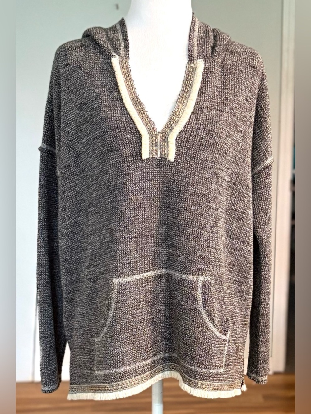 Mystree Hoodie Poncho Black and Cream with Front Pouch and Fringe Hem, Size S/M
